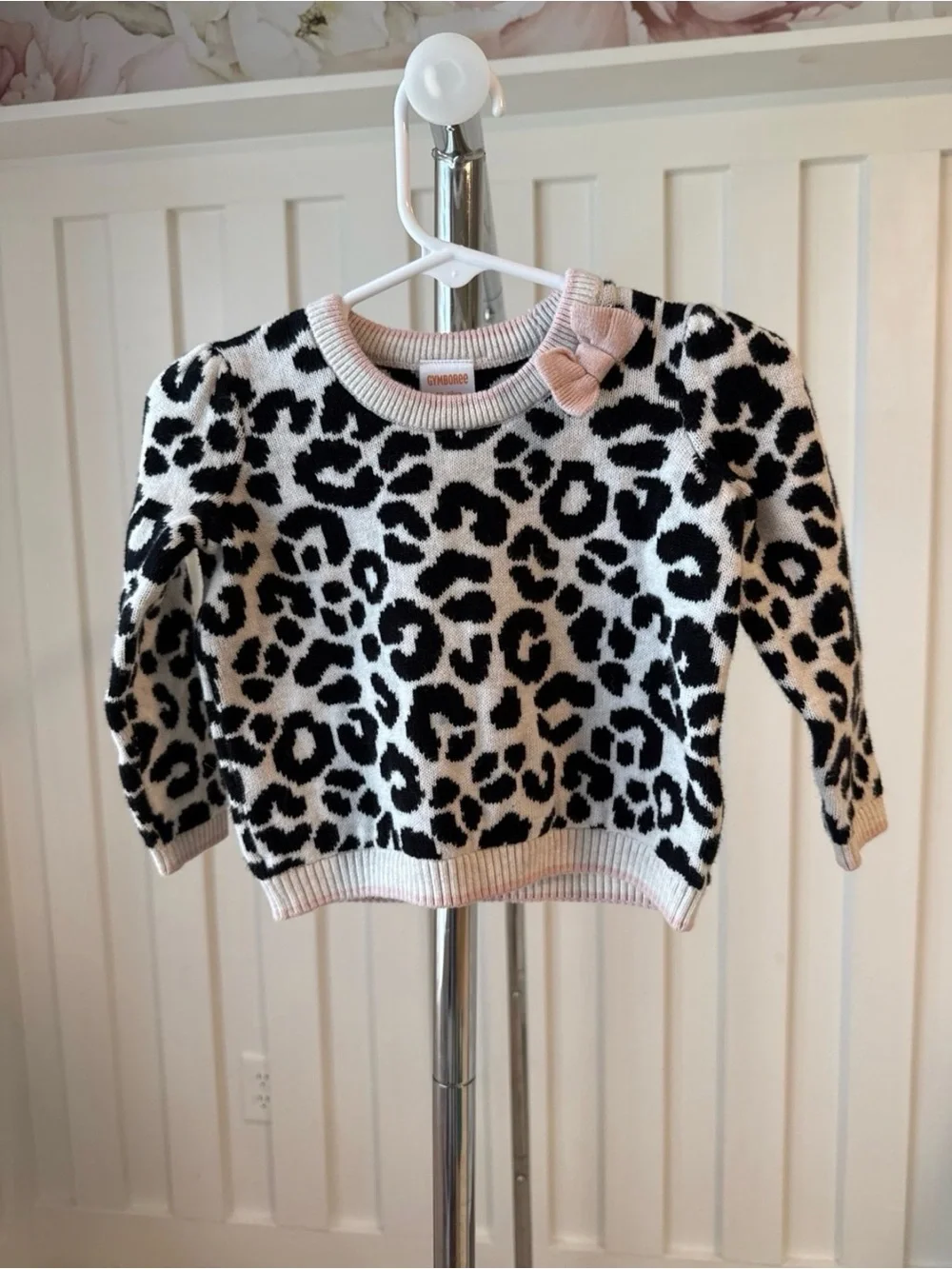 Gymboree Black and White Leopard Knit Sweater with Pink Trim and Bow Accent